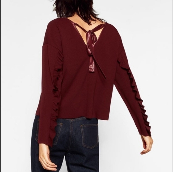 Zara Collection Burgandy Ruffle tie back Blouse - Picture 1 of 8